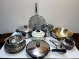 Cookware Lot- Pots and Pans, Stainless Mixing Bowl, Wire Strainer, Cake Pans