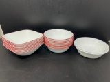 Corelle Dinnerware Pieces- 7 Each Red Rimmed Square Bowls & Round Bowls and 2 White Cereal Bowls