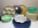 2 Metal Trays, Plastic Containers- Cake Keeper, Jello Mold, Colander, Divided Server, More