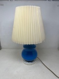 Blue Glass Table Lamp with White Pleated Shade