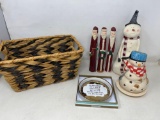 Woven Basket, 3 Santa Figures, 2 Snowmen, Ceramic Coaster with Box