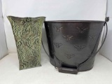 Decorative Metal Pail and Tall Square Vase