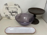 Sheep Plate, Colored Glass Bowl, Garlic Bread Tray and Pedestal Dish