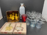 2 Metal Leaf Ornaments in Boxes, Artificial Pears in Tin, Vase, Stemware, Candle Holders
