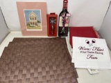 Brown Woven Placemats, Wine Bottle Magnet, Snowflake Stopper, Pink Victorian House Print, Towels