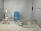 Clear Glass Brandy Snifter Vase and Pedestal Dish and Blue Ceramic Vase