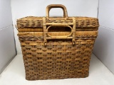 Woven Picnic Basket with Hinged Lid and Double Handles