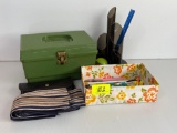 Plastic Sewing Box with Contents, Desk Organizer, Pens/Pencils, Eyeglass Case, Woven Striped Fabric