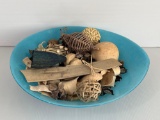 Decorative Blue Bowl with Dried Pods, Woven Reeds, Etc.