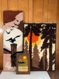 2 Latch Hook Wall Hangings- Sea Gulls and Forest Scene and Framed Stitchery Sunset Piece