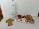Decorated Mini Wooden Clogs, Decanter with Stopper, Cross Plaque, Coaster, Salvation Army Kettle