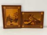 2 Wood Inlay Art Plaques- Mountainous Landscape & Jesus Carrying the Cross