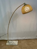 Brass Floor Lamp with Marble Base and Wicker Shade, Mid Century Style