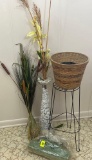 Wire Plant Stand with Basket, Dried Grasses in Tall Vase and Cattails