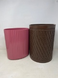 2 Waste Cans- Pink Plastic and Brown Woven Wicker