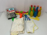 Toy Cash Register, Aprons, Plastic Bowling Pins, Plastic Tools, Other Toys