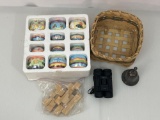 Case of Ceramic Potted Candles, Basket, Binoculars and Metal Bell