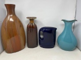2 Pottery Vases, Blue Glass Vase and Dark Blue Mid Century Fiesta Type Pitcher with Lid