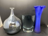 Large Glass Bottle, Polish Mouth-Blown Glass and Blue Opaque Glass Ruffled Vase
