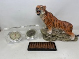 Ceramic Tiger Figure, Abacus, Lucite Weather Station with Thermometer & Hygrometer