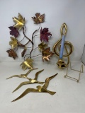 Metal Decor Lot- Leaf Wall Hanging, 3 Sea Gulls, Treble Clef Candle Sconce and Plate Rack