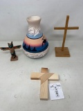 2 Wooden Crosses, Native American Pottery Vase and Carved Totem