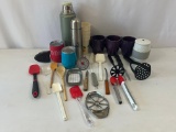 Kitchen Lot- Thermoses, Mugs, Travel Mugs, Meat Thermometer, Utensils