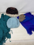 2 Knitted Hats, 2 Woven Scarves and Pair of Suede Gloves