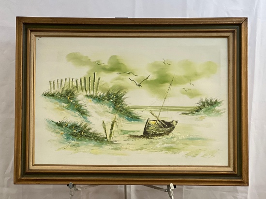 Framed Oil on Board Painting of Beach Scene with Dunes and Boat