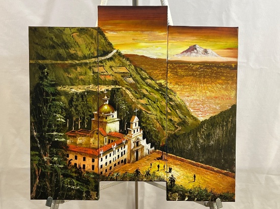 Triptych Oils on Canvas European Church Nestled into Mountains Overlooking Valley