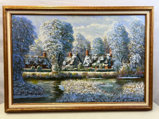 Framed Oil on Canvas Winter Landscape with Tudor Style Houses by Lake