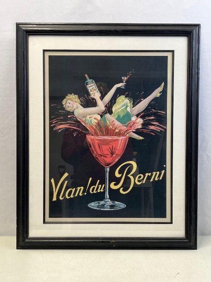 Framed Vintage Advertisement "Vlan du Berni" Featuring Girl Splashing in a Glass of Berni