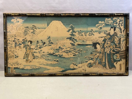 Framed Antique Japanese Woodblock Print "Season's First Snow" by Utagawa Hiroshige and Toyokuni III