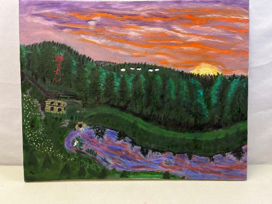 Unframed Oil on Canvas Landscape with Lake and House at Sunset