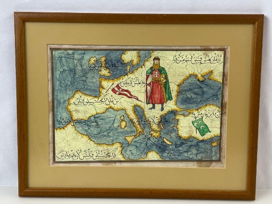 Framed Print of Warrior on Map of Europe with Middle Eastern Characters