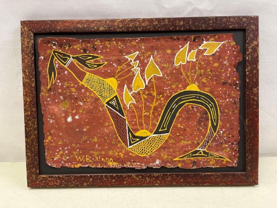 Framed Painting on Fabric of Serpent with Arrows, Signed Lower Right