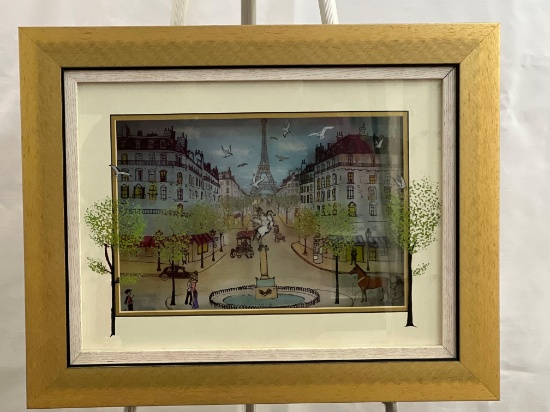 Signed and Numbered Three-Dimensional Art Piece depicting Paris Street Scene and Eiffel Tower