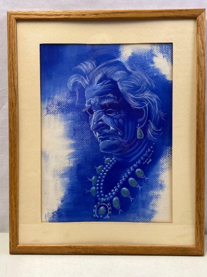 Oil on Board Painting of Native American Man Wearing Squash Blossom Necklace