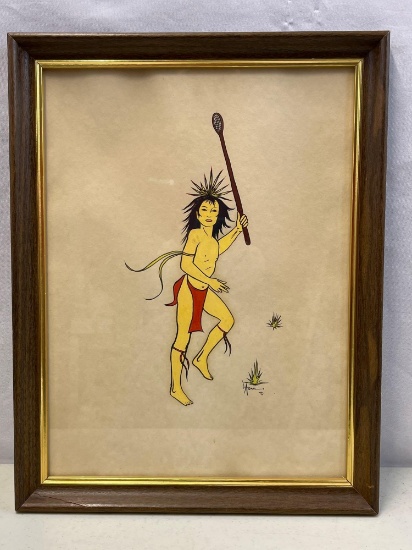 Oil on Paper Painting of Native American Young Man with Netted Stick, Signed "L.Asah 70"