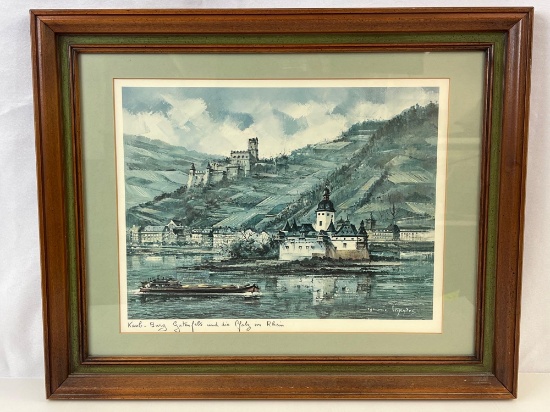 Framed Aquatint "View of Pfaltz im Rhein" by Maurice Legendre