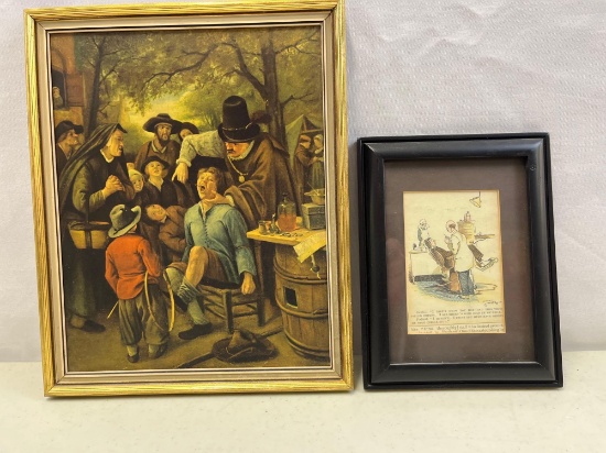 Two Framed Dentist Prints- One is Scene with Villagers, Other is a English Comic
