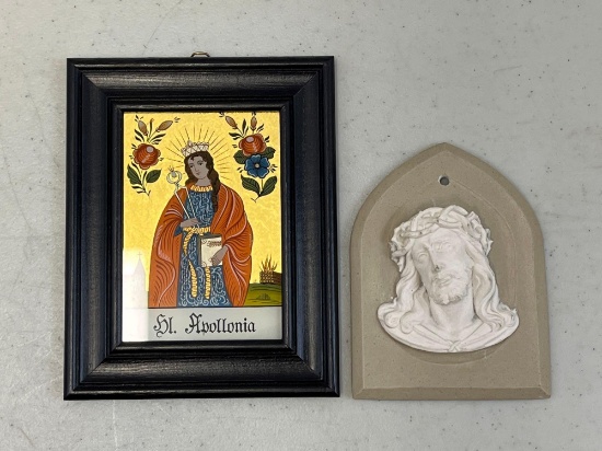 Framed Religious Icon of St. Apollonia and Plaster Relief Head of Christ Wearing Crown of Thorns