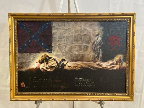 Gilt Framed Oil on Canvas Painting of Civil War Soldier Lying Beneath Confederate Flag