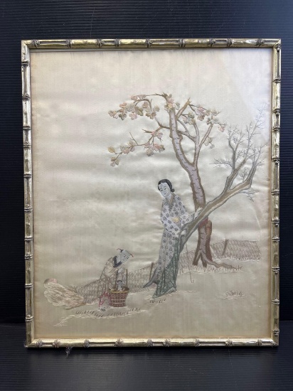 Antique Hand Embroidered Asian Scene on Silk in Bamboo Type Frame