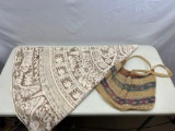 Round Table Cover with Machined Lace and Jute Shoulder Bag