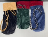 3 Velveteen Drawstring Bags- Black, Green & Blue