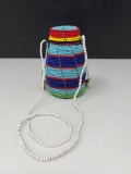 Tibetan Wire & Blue/Colorful Bead Basket with Lid with White Long Handle or Necklace