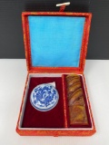 Boxed Chinese Stamp Set- Ink is in Decorated Porcelain Lidded Jar and Stamp has Carved Handle