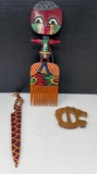 Carved Wooden Items- Giraffe Letter Opener, Figural Comb and Lion Belt Buckle