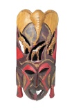 Carved Wooden Tribal Mask with Elephant & Giraffes Above Face